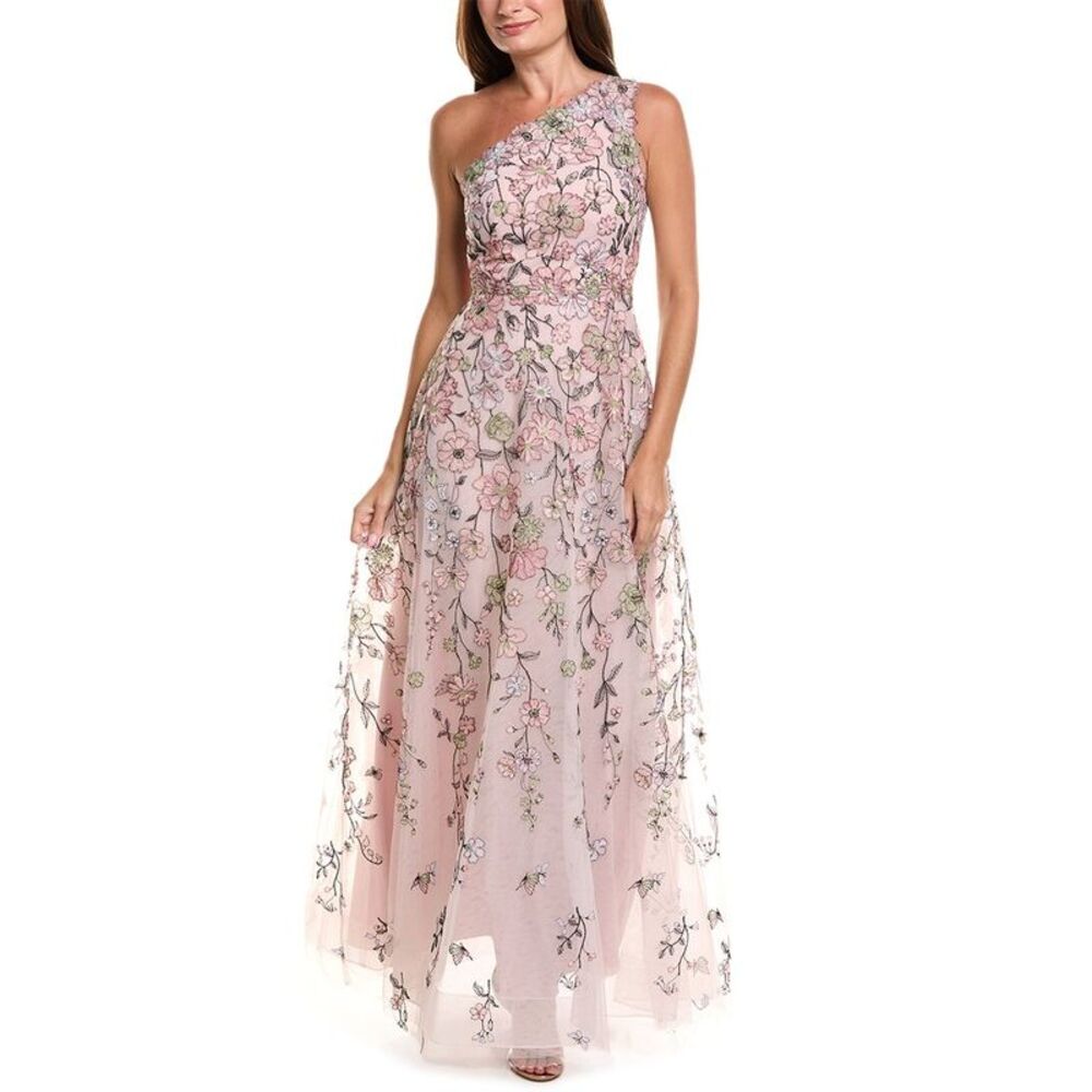 Teri Jon By Rickie Freeman Womens Floral Embroidered Tulle One-Shoulder Gown,